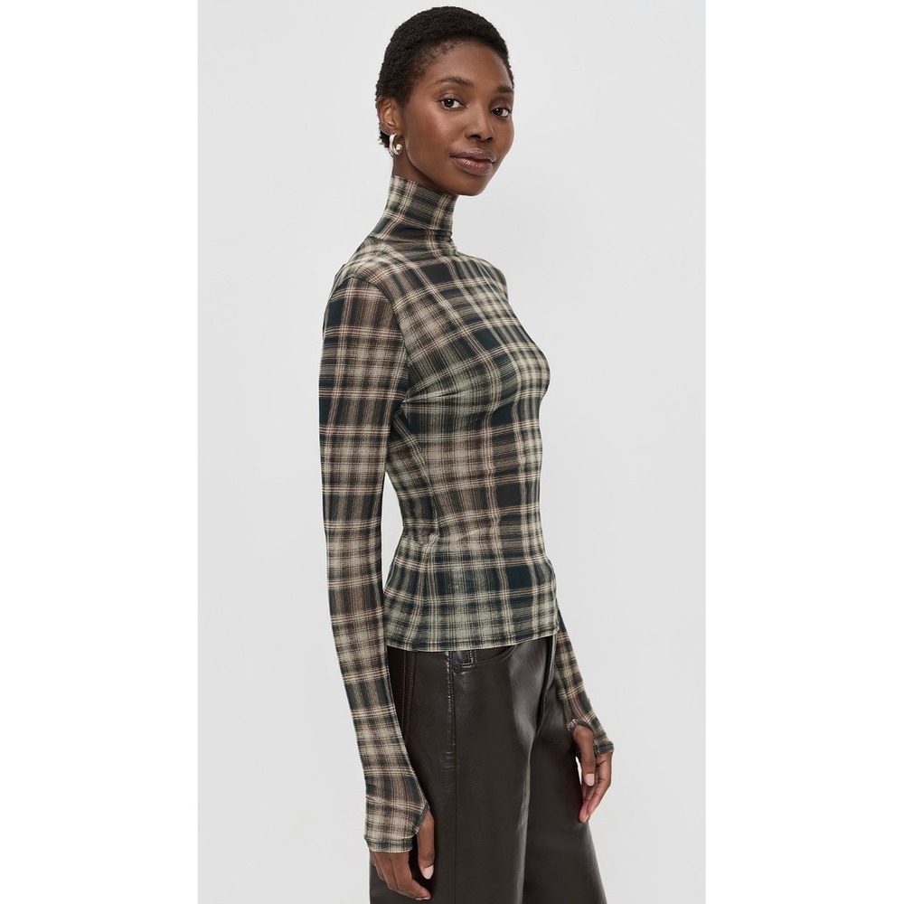 ENZA COSTA Plaid Mesh Turtleneck Women Small Black Brown Sheer Long Sleeve Top
